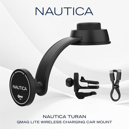 Nautica Turan QMAG Lite Wireless Magnetic Car Charger 15W, Universal Fast Charging Phone Mount, Dashboard & Vent Mount, 360° Rotation for iPhone 17, Galaxy S25, Pixel 10 & More Travel Accessories