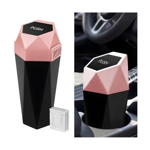 Car Trash Can with Lid, Mini Leakproof Fragrance Vehicle Cup Holder Garbage Bin for Console Door, Small Portable Auto Interior Dustbin Organizer Accessories, Universal Fit (Pink) - color: Pink