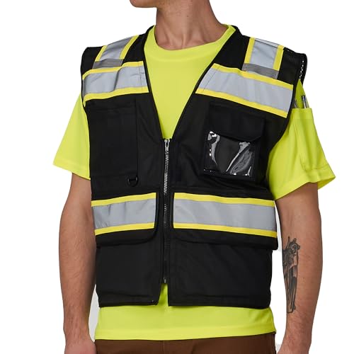 A-SAFETY High Vis Reflective Safety Vest for Men Women Zipper Ipad Pockets Mesh Construction Apparel Neon Vest for Work - color: Black, size: X-Large
