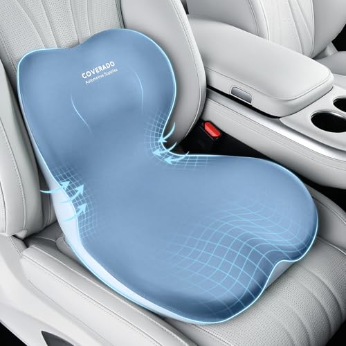 Coverado Car Seat Cushion and Lumbar Support Pillow One Piece, Memory Foam Ergonomic Back Support Driving Seat Cushion for Back Pain, Non-Slip Washable Cushion for Car, Driver, Office - color: Blue, size: 1 Peice