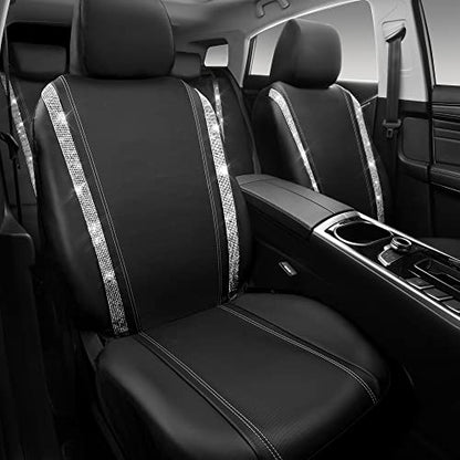 CAR PASS Bling Diamond Car Seat Covers Full Set, Shining Rhinestone Waterproof Faux Leather, Rear with Zipper, Universal Fit Automotive Glitter Crystal Sparkle Strips for Cute Women Girl, Silver - color: Black Diamond And Silver, size: Full Set