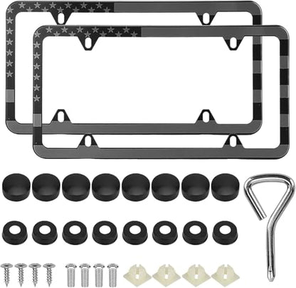 American Flag License Plate Frames, 2 Pack Black Patriotic USA Car Plate Frame, Aluminum License Plate Holder with Free Screws Fasteners Caps and Tool - color: Black Grey-USA Flag