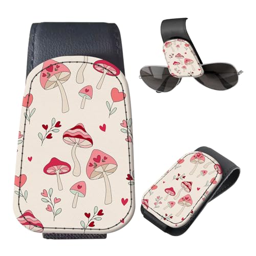 Sunglasses Holder for Car Visor, PU Leather Glasses Clip Organizer, Cute Magnetic Eyeglass Holder for Vehicle Sun Visor, Car Interior Accessory for Women & Men Pink Mushroom Garden - color: Pink Mushroom Garden