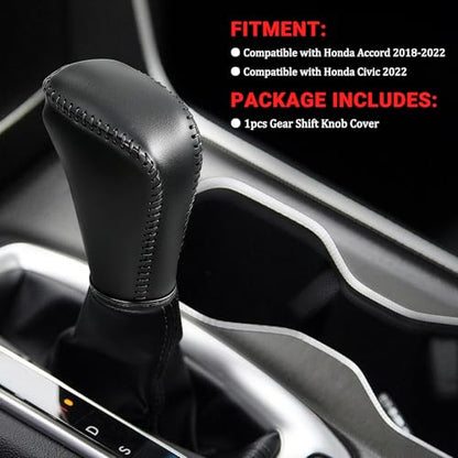 Leather Gear Shift Knob Cover Compatible with Honda Accord 2018-2022/Civic 2022 Black Stitches Shifter Knob Cover