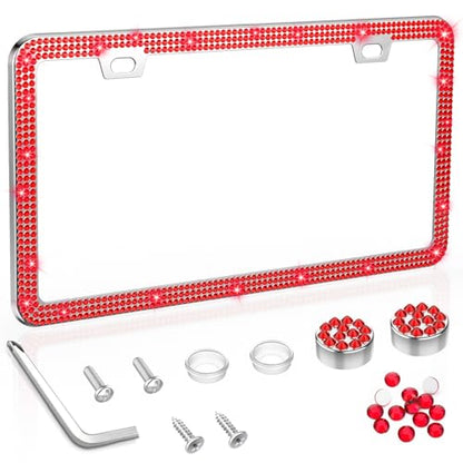 SHARE&CARE Bling License Plate Frame, Crystal License Plate Cover, Car License Plate Holder with Rhinestone Screw Set, Women Gift for Mom, Wife, Her - 1 Pack (RED1) - color: RED1