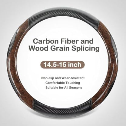 Wood Grain Steering Wheel Cover Carbon Car Steering Wheel Covers 14 1/2-15 inch with Coasters Microfiber Leather Splicing Breathable Anti-Slip Durable Universal Steering Wheel Protective - color: carbone
