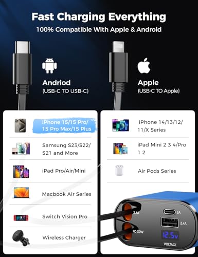 SUPERONE 【Upgraded】 Retractable Car Charger 4 in 1, Fast Car Phone Charger with Cord 2.6ft, USB C and Apple Car Charger Adapter, Compatible with iPhone 17/16/15/15 Pro Max/14/13/12/11, Galaxy, Pixel - color: Blue