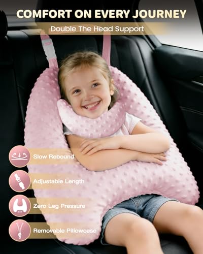 Memory Foam Kids Travel Pillow, Car Pillow for Kids, H-Shape Car Pillows for Sleeping, Removable Pillowcase, Adjustable, Velvet Dots, Pink - color: Velvet Dots Pink