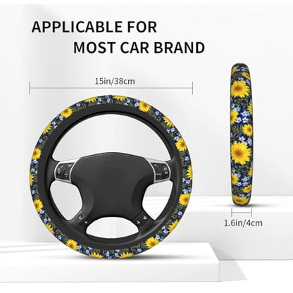 Sunflower Steering Wheel Cover with 2 Car Coasters Non Slip Neoprene for Women Men Universal 15 Inch - color: Sunflower