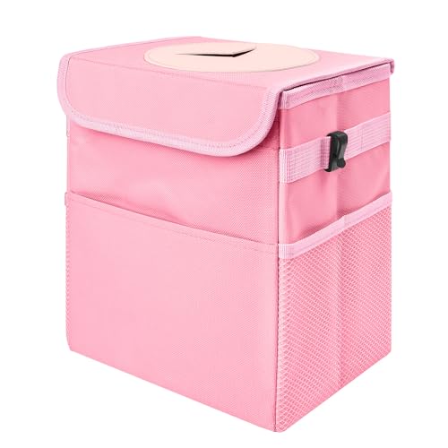 Car Trash Can Bin with Lid - Collapsible Car Garbage Can with Storage Pockets-Pink Mini Leakproof Vehicle Trash Bag-Small Automotive Organizers and Storage for Back/Front Seat SUV Truck Accessories - color: Pink