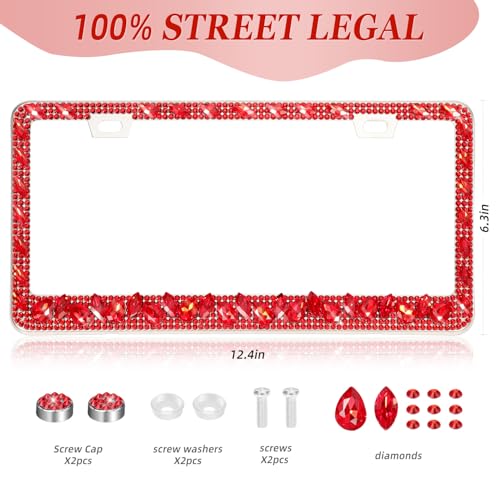 OKLPF Single Luxury Rhinestone License Plate Frame – Elegant Bling with Glitter Crystals, Anti-Theft Screws & Gift Box, Fits Standard US Plates(Red) - color: Red, size: 1pc