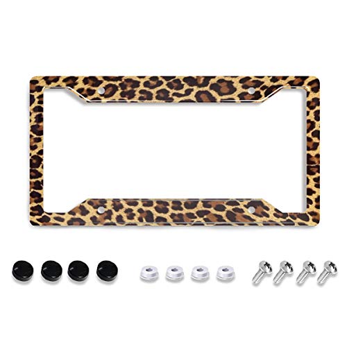 Personalized License Plate Frame Stainless Steels Cute Cheetah Leopard Brown License Plate Car Tag Holder with 4 Holes and Screws for Women Men Auto for USA Canada Vehicles Standard (12"x6") - color: Cheetah Leopard Brown