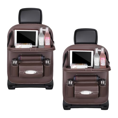 2PCS Car Backseat Organizer, Leather Multi-Pocket Seat Back Protector with Foldable Table Tray, Multifunctional Vehicle Storage Organizer Kick Mat for Kids Toddler Travel (Coffee) - color: Coffee