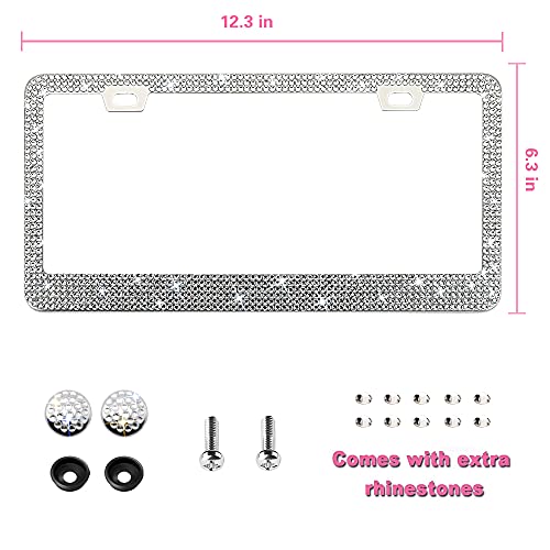 Sparkly Bling Stainless Steel License Plate Frames for Women, 1PCS | Over 1000 pcs 14 Facets Bedazzled Clear Glass Diamond Rhinestone Crystals w/Free Glitter Diamond Box (White) - color: white