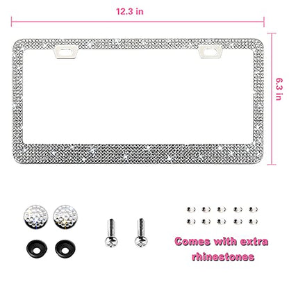 Sparkly Bling Stainless Steel License Plate Frames for Women, 1PCS | Over 1000 pcs 14 Facets Bedazzled Clear Glass Diamond Rhinestone Crystals w/Free Glitter Diamond Box (White) - color: white