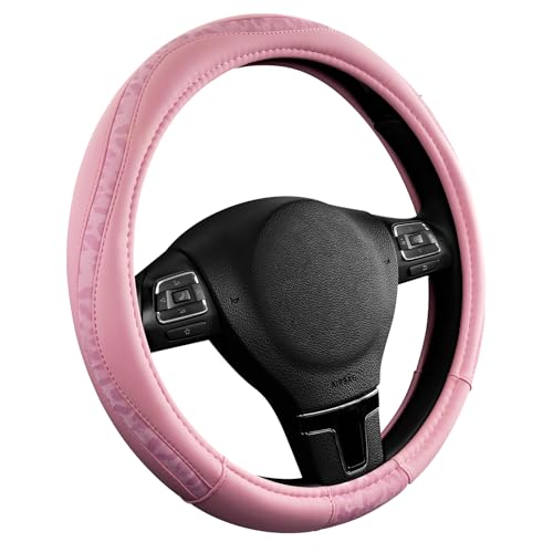 Road Comforts Steering Wheel Cover - Made with PVC Leather and Leopard Fabric - Universal 14 1/2 inches to 15 inches for Most Automotive Steering Wheel - Cheetah Print - All Pink - color: Round-All Pink