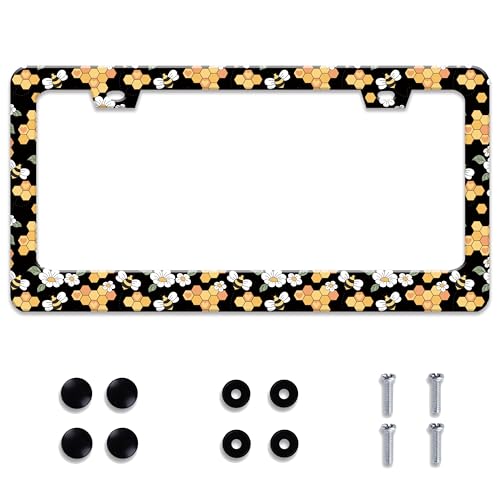 Personalized License Plate Frame Bee Stainless Steel Accessory Cute Honeybee License Plate Holder Funny Car Decorative 2 Holes Screws Fits Us Standard License Plates 12.2 X 6.3 in for Men Women - color: Cute Bee
