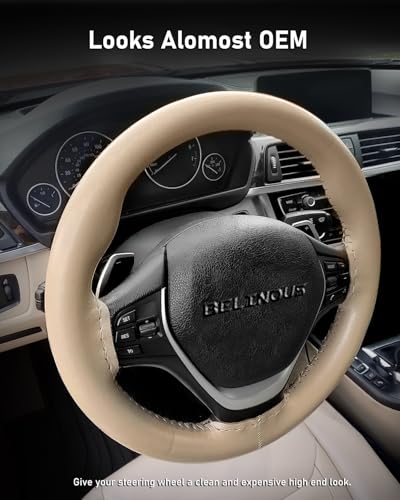 BELINOUS Leather Steering Wheel Cover Lace Up, Stitch on Steering Wheel Wrap, Universal Fit 13-20 Inch Car Truck Pickup Boat, A Whole Piece of Cowhide, DIY w/Needle Thread (Size L0, Light Beige) - color: Light Beige, size: L0