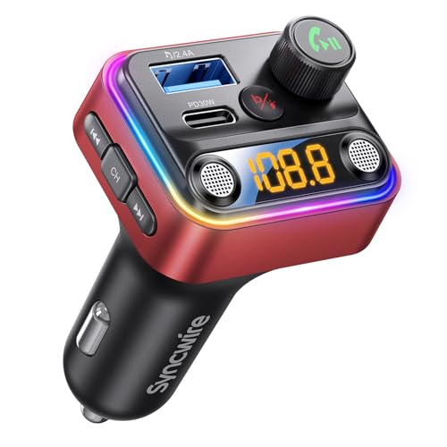 Syncwire Bluetooth 5.4 FM Transmitter Car Adapter 42W [Light Switch] [Stronger Dual Mics] [HiFi Deep Bass] [Fast Charging] Wireless FM Radio Music Adapter Hands-Free Calling Support USB Drive, Red - color: Red