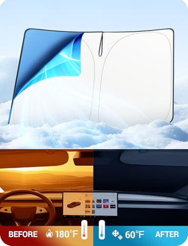 BASENOR Windshield Sunshade for 2017-2026 Tesla Model Y Juniper & Model 3 Highland, [Nano Ice Crystal] Foldable Sun Shade, UV Block Heat Insulation Interior Accessories Off-White - size: Model Y/3 Ice Crystal Off-White