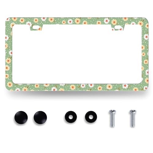 Cute Daisy Floral License Plate Frame Beautiful Flowers License Plate Holder for Personalized Car Decorative Stainless Steel Colorful License Plate Daisy Auto Part with Screws 12.2" x 6.2" - color: Cute Daisy Floral
