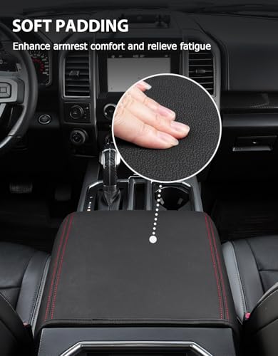 Center Console Cover for 2015-2020 F150 Accessories, F250 F350 F450 2017-2022, Expedition 2018-2024, PU Leather Middle Armrest Cusion Protector, Bucket Seat Only, Anti-Scratch, Black-Red Stitch - size: Bucket Seat, 17-22 F250-F450, red stitch