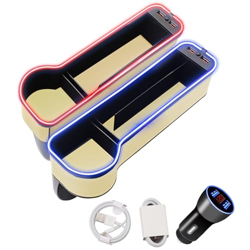 Car Seat Gap Filler Organizer, 2 Pack Multifunctional Car Seat Organizer, 7 Colours Changing LED Car Seat Seam Filler, Auto Console Side Storage Box with Cup Holders (beige) - color: beige
