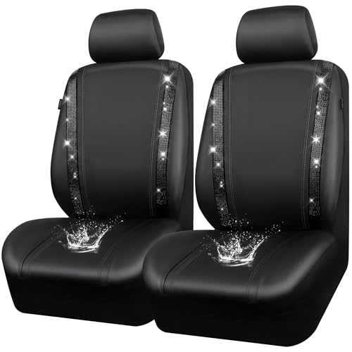 CAR PASS Leather Bling Diamond Car Seat Covers 2 Front Interior Sets, Waterproof Universal Shining Glitter Crystal Sparkle Fit for 95% Automotive Truck SUV Cute Women Girl, Black Rhinestone - color: Black diamond, size: Two Front Seats