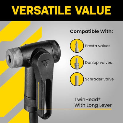 Topeak JoeBlow Sport III High-Pressure Bike Floor Pump – 160 PSI, Durable Steel Barrel, 3” Analog Gauge, TwinHead DX5 Pump Head, Long Hose, Ergonomic Handle, Fits Presta, Schrader, & Dunlop Valves