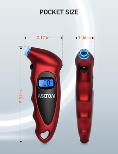AstroAI Digital Tire Pressure Gauge 0-150PSI Calibrated to ANSI B40.7 +/-1PSI, Accurate in 0.1 Increments, Tire Repair Tools 4 Pressure Measurements for Car Truck with Backlight LCD, Red - color: Red