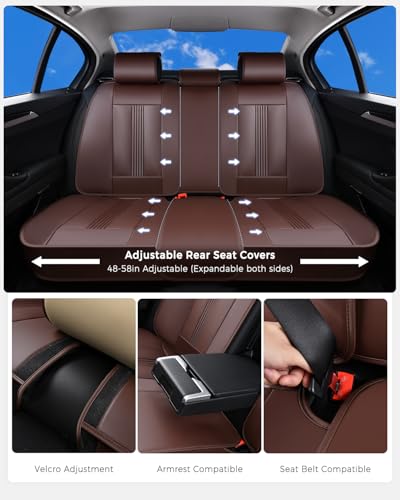 Huidasource Brown Back Seat Cover, Nappa Leather Rear Seat Cover with Ventilation Holes, Velcro Adjustable, Compatible with Seat Belts, Child Safety Seats, Fit for Most Cars SUV Truck, Brown - color: R# Brown, size: Back Seat Cover