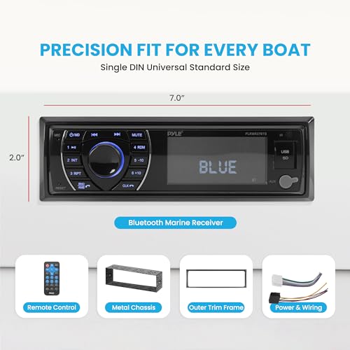 Pyle Bluetooth Marine Receiver Stereo - 12v Single DIN Style Boat In dash Radio Receiver System with Digital LCD, RCA, MP3, USB, SD, AM FM Radio - Remote Control, Wiring Harness - PLRMR27BTB (Black) - size: 300w