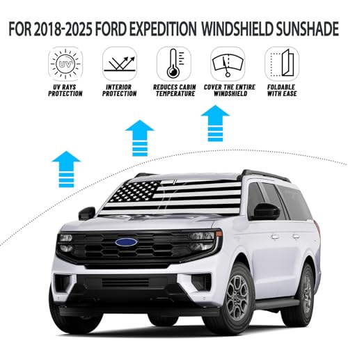 D-Lumina Windshield Sun Shade for 2018-2025 Fo'rd Expedition Accessories, Front Window Sunshade American Flag Sun Visor Protector Sun Shield Blocks UV Rays Heat, Foldable 2 Layers 210T Material - size: Silver & Black-fit 2018-2025 Ford Expedition