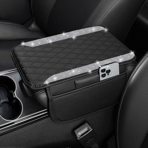 NBTEPEM Bling Car Center Console Armrest Cover, Microfiber Leather and Diamond Middle Console Cover with 2 Storage Bags, Bling Accessories Interior for Most Vehicles (Silver Diamond) - color: Silver Diamond