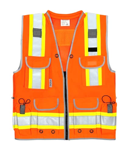 REXZUS A Reflective Vest Class 2 Heavy Woven Two Tone Engineer Hi Viz Safety Vest 3M 8712 Tape - color: Orange, size: Large-X-Large