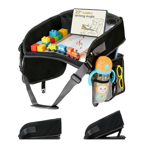 Kids Travel Tray for Car Lap Desk for Kids Ergonomic Elevated Angle Car Seat Tray with Cup Holder Storage Pockets Ideal Travel Essentials for Long Trips