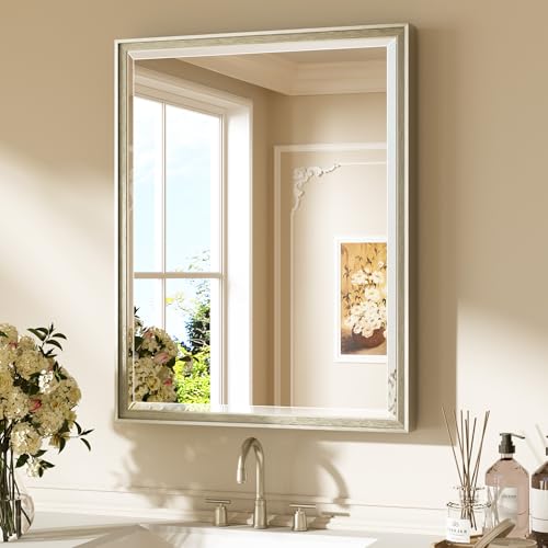 Keonjinn 24" x 30" Brushed Nickel Mirrors for Bathroom Sink, Silver Bathroom Vanity Mirror with Wide Frame, Beveled HD Tempered Glass, Shatterproof, Aluminum Alloy Framed Rectangular Wall Mount Mirror - color: Brushed Nickel, size: 30"L x 24"W