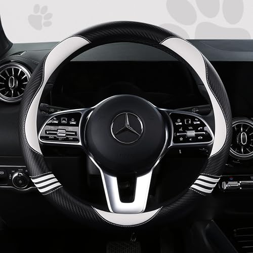HighnessHwoo Car Steering Wheel Covers for Women Padded Carbon Fiber PU Leather Cute Auto Interior Accessories for Vehicle, Sedan, Universal, Anti Slip, White, Standard Size, 14.75-15.15in - color: White+Black, size: Standard Size[14.75-15.15"](37.5-38.5c