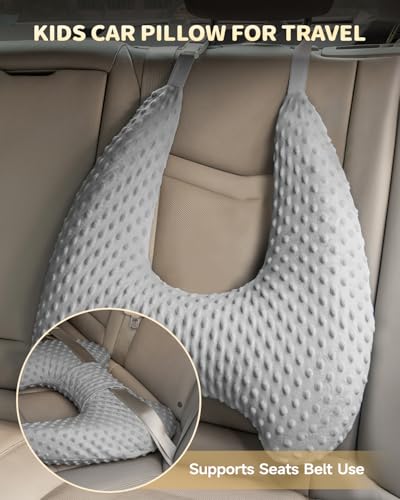 Memory Foam Kids Travel Pillow, Car Pillow for Kids, H-Shape Car Pillows for Sleeping, Removable Pillowcase, Adjustable, Velvet Dots, Grey - color: Velvet Dots Grey