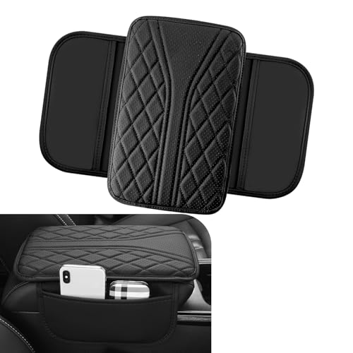 Car Center Console Cover, Leather Auto Armrest Cover with 2 Storage Bags, Universal Cars Armrest Cushion, Vehicle Interior Accessories Protector for Sedan, SUV, Truck (Black) - color: black