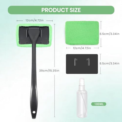 Windshield Cleaner Tool Car Window Cleaner with 6 Reusable and Washable Microfiber Pads and Extendable Handle Auto Inside Glass Wiper Kit (Green)
