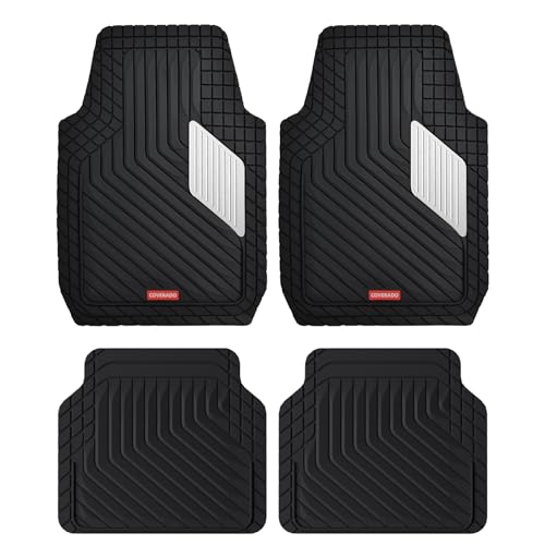 Coverado Car Floor Mats Full Set – Heavy-Duty PVC Floor Mats with Silver Metallic Heel Pad, All-Weather Protection for Front & Rear, Non-Slip Backing, Easy-Clean Interior Liners - color: Silver
