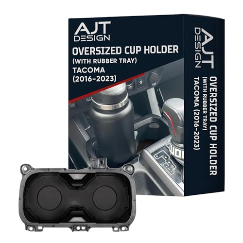 AJT DESIGN Oversize Cup Holder with Tray Compatible with Toyota Tacoma 2016–2023 | Fits 3.65" Bottles | Car Cup Holder Organizer | Center Console Upgrade, Tacoma Interior Accessory | Black - color: Black, style: With Rubber Tray