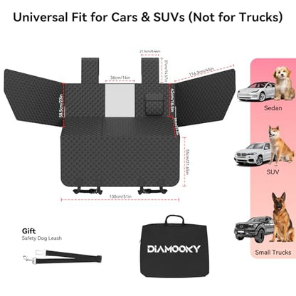 DIAMOOKY Dog Car Seat Cover for Back Seat, Waterproof Back Seat Extender for Dogs w/Door & Headrest Protector, Hard Bottom Pet Bed Hammock Holds 420lbs, for Cars SUVs Small Trucks(Not for 3-row seats)