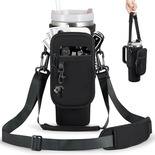 BULKITEM Water Bottle Carrier Bag with Phone Pocket for Stanley 40 & 30 oz Tumbler with Handle,Pink Insulated Neoprene Cup Holder Pouch w/Adjustable Strap for Quencher H2.0 Stanley Cup Accessories - color: Black, size: 40oz