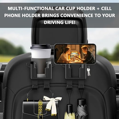 OFBAND 2PCS Multifunctional Car Cup Holder + Car Phone Holder + Car Purse Hook,Hanging Back Seat Car Organizer with Headrest Hooks,Universal Car Organizer Car Accessories Interior