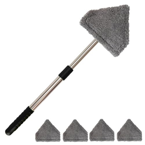 Conliwell Windshield Car Cleaning Tool, 13-16.7-inch Extendable Handle with 180-Degree Rotation and 4 Reusable Microfiber Cloth Heads, Suitable for Cleaning Car Windows Inside and Out (Black)