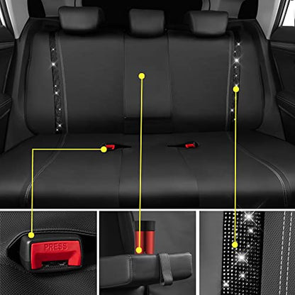 CAR PASS Bling Rhinestone Leather Back Seat Cover, Waterproof Bench Rear Seat Cover Shining Diamond Universal Fit Automotive Glitter Crystal Sparkle Strips for Kid Women Girl, Black Diamond - color: Black Rear, size: Rear Seats