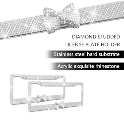 Bling Car License Plate Frame for Women, 2PCS Crystal Rhinestone Stainless Steel Vehicle Plate Holder, Glitter Diamond Sparkly Auto Plate Cover Accessories, Universal Fit (White/White Bow) - color: White/White Bow