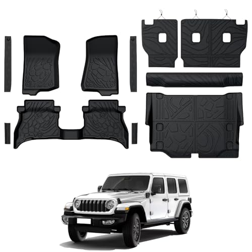 Floor Mats for Jeep Wrangler JL 4XE 4-Door 2021-2025 2026, All Weather Floor Mats Trunk Cargo Liner with Backrest Protectors and Door Sill Guards Accessories, Full Coverage Set - size: For Jeep Wrangler Jl 4xe | 2021-2026